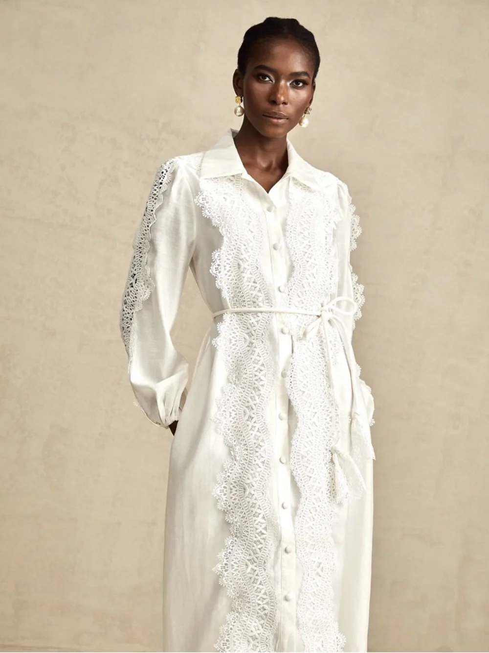 White Lace-Trim Long Button-Down Dress - Picture 1 of 10